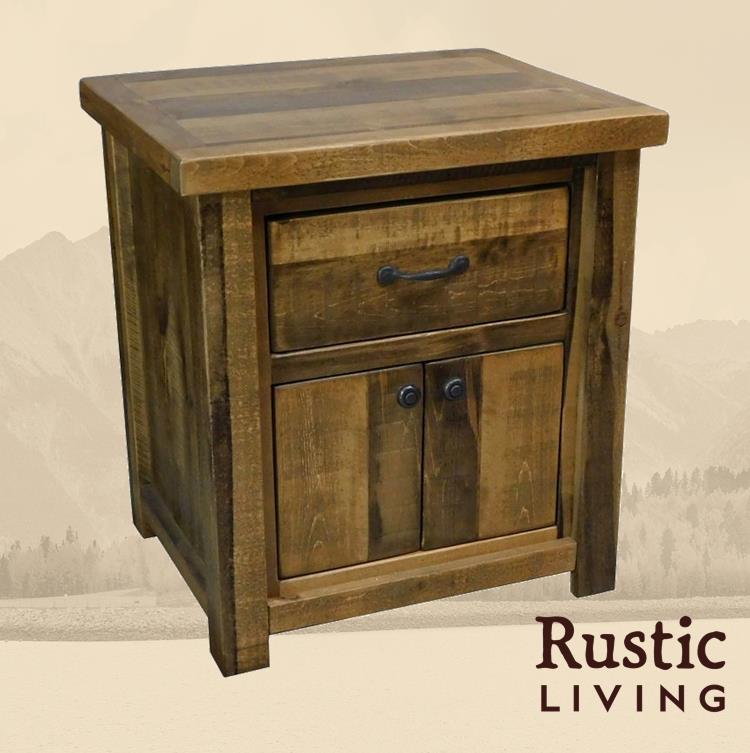 Rustic Farmhouse night stand in artisan handmade in America using solid wood custom made for your mountain cabin, lodge, farmhouse, ranch and western lifestyle. A rustic wooden night stand with a drawer and two doors, featuring metal handles.