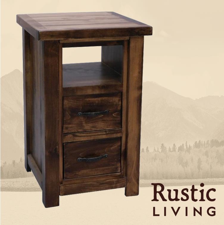 Rustic Farmhouse timberline 2 drawer night stand handmade in America using solid wood custom made for your mountain cabin, lodge, farmhouse, ranch and western lifestyle. A rustic wooden nightstand with two drawers and an open shelf beneath.