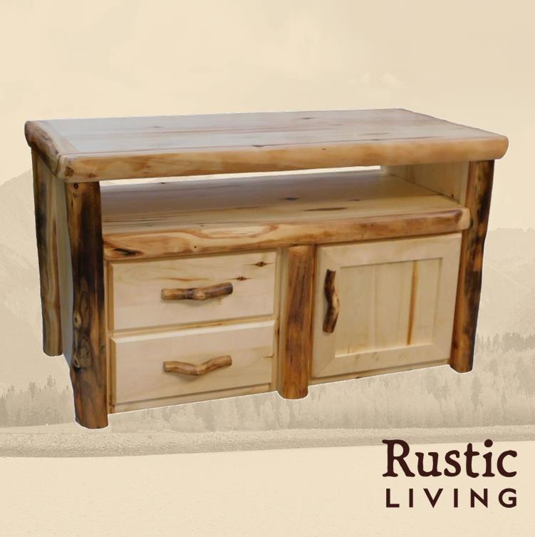 Aspen Rustic Log Furniture log 2 drawer television stand in flat front handmade in America using solid wood custom made for your mountain cabin, lodge, farmhouse, ranch and western lifestyle. A rustic wooden television stand with two drawers and one cabinet, featuring a flat front design.