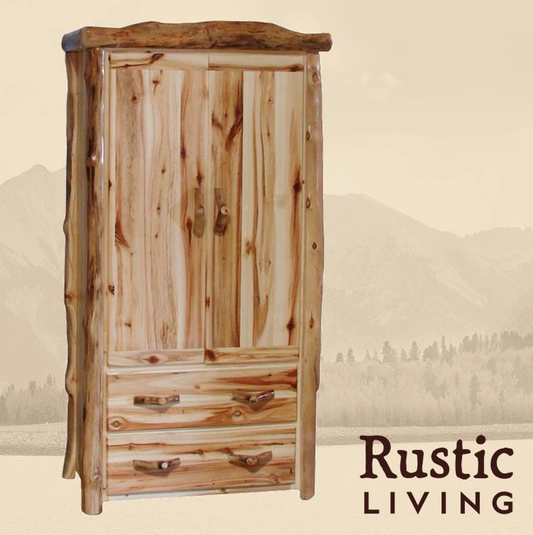 Aspen or Hickory Rustic Log 2 Drawer Wardrobe in Flat Front
