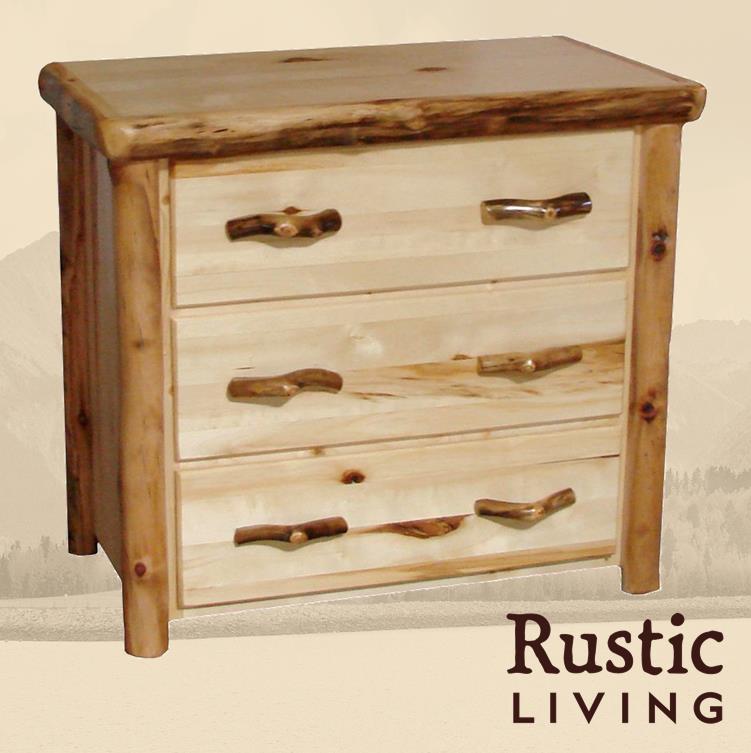 Aspen Rustic Log Furniture log 3 drawer chest in flat front handmade in America using solid wood custom made for your mountain cabin, lodge, farmhouse, ranch and western lifestyle. A rustic style 3-drawer chest with flat front drawers and wooden handles.
