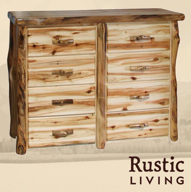 Aspen Rustic Log Furniture log 8 drawer dresser in flat front handmade in America using solid wood custom made for your mountain cabin, lodge, farmhouse, ranch and western lifestyle. A rustic style dresser with eight drawers, featuring a flat front design and wooden construction.
