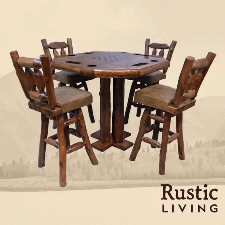 Aspen Rustic Log Furniture log bar height game table handmade in America using solid wood custom made for your mountain cabin, lodge, farmhouse, ranch and western lifestyle. 