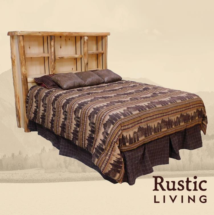 Aspen Rustic Log Furniture log bookcase headboard handmade in America using solid wood custom made for your mountain cabin, lodge, farmhouse, ranch and western lifestyle. A rustic log bookcase headboard with shelves.