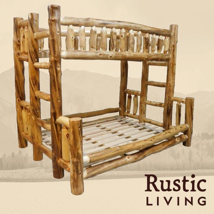 Aspen Rustic Log Furniture log bunk bed handmade in America using solid wood custom made for your mountain cabin, lodge, farmhouse, ranch and western lifestyle. 