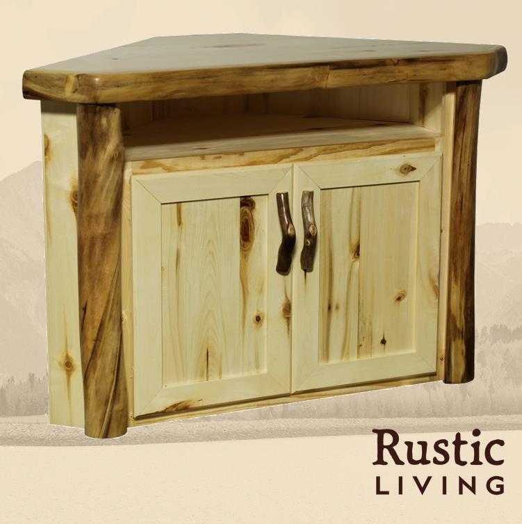 A rustic style corner television cabinet with two doors and an open shelf on top. Aspen Rustic Log Furniture log corner television cabinet in flat front handmade in America using solid wood custom made for your mountain cabin, lodge, farmhouse, ranch and western lifestyle. 