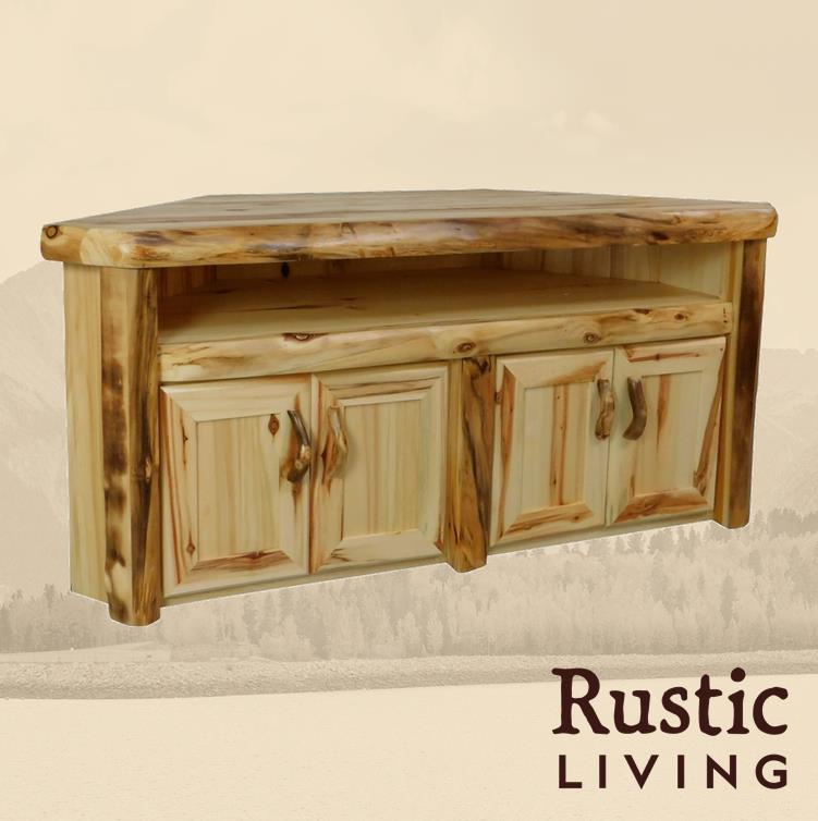 A rustic wooden corner television stand with cabinets and shelves, with a flat front design. Aspen Rustic Log Furniture log corner television cabinet in flat front handmade in America using solid wood custom made for your mountain cabin, lodge, farmhouse, ranch and western lifestyle. 