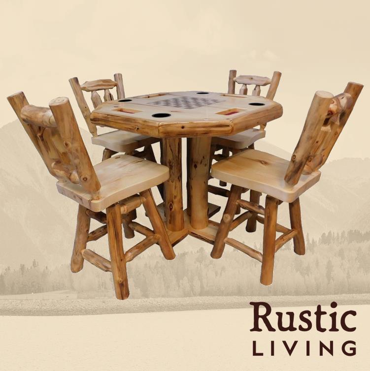 A rustic log counter height game table with four matching chairs, featuring a natural wood finish.