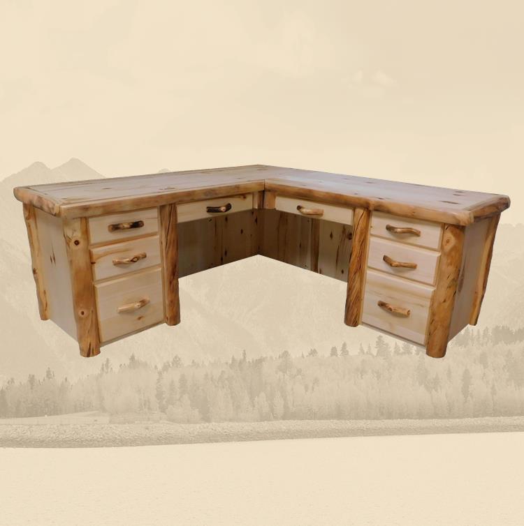 Aspen Rustic Log Furniture log executive l-desk in flat front handmade in America using solid wood custom made for your mountain cabin, lodge, farmhouse, ranch and western lifestyle. An L-shaped executive desk made of rustic wooden logs with multiple drawers and a flat front design.