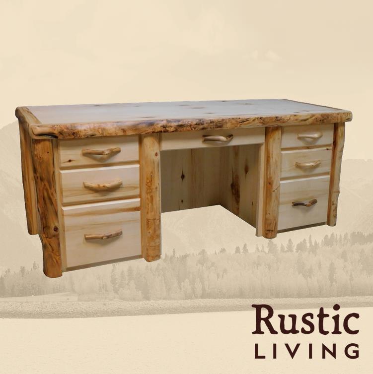 Aspen or Hickory Rustic Log Executive Sierra Desk in Flat Front
