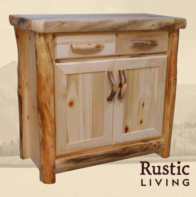 Aspen Rustic Log Furniture log island for studio in flat front handmade in America using solid wood custom made for your mountain cabin, lodge, farmhouse, ranch and western lifestyle. A rustic wooden storage cabinet with a flat front design, featuring a drawer and two doors.