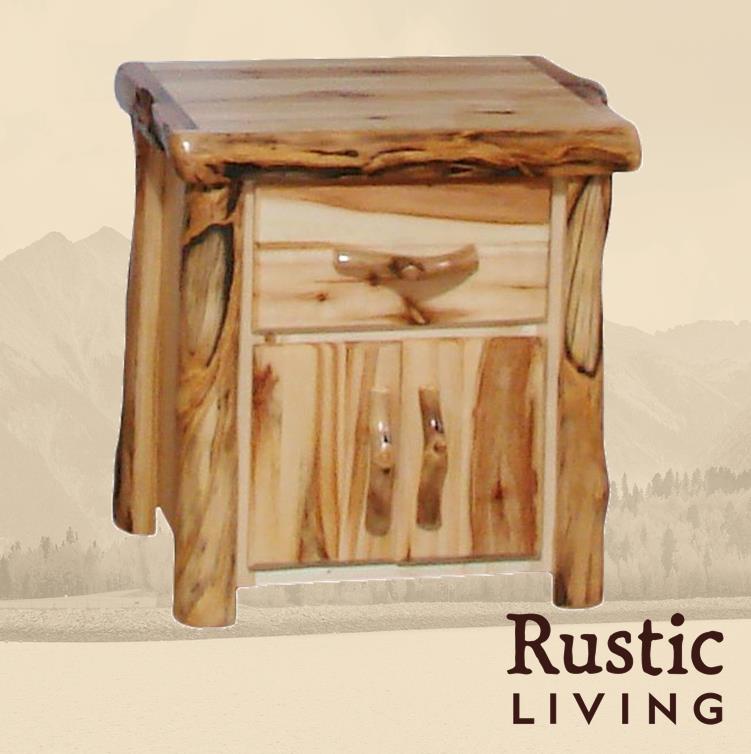 Aspen Rustic Log Furniture log night stand in flat front handmade in America using solid wood custom made for your mountain cabin, lodge, farmhouse, ranch and western lifestyle. A rustic wooden log nightstand with a flat front design, featuring a drawer and two doors.