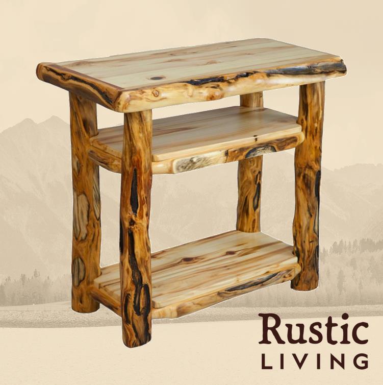 Aspen Rustic Log Furniture log open television console handmade in America using solid wood custom made for your mountain cabin, lodge, farmhouse, ranch and western lifestyle. A rustic wooden television console with an open shelf below the tabletop. 