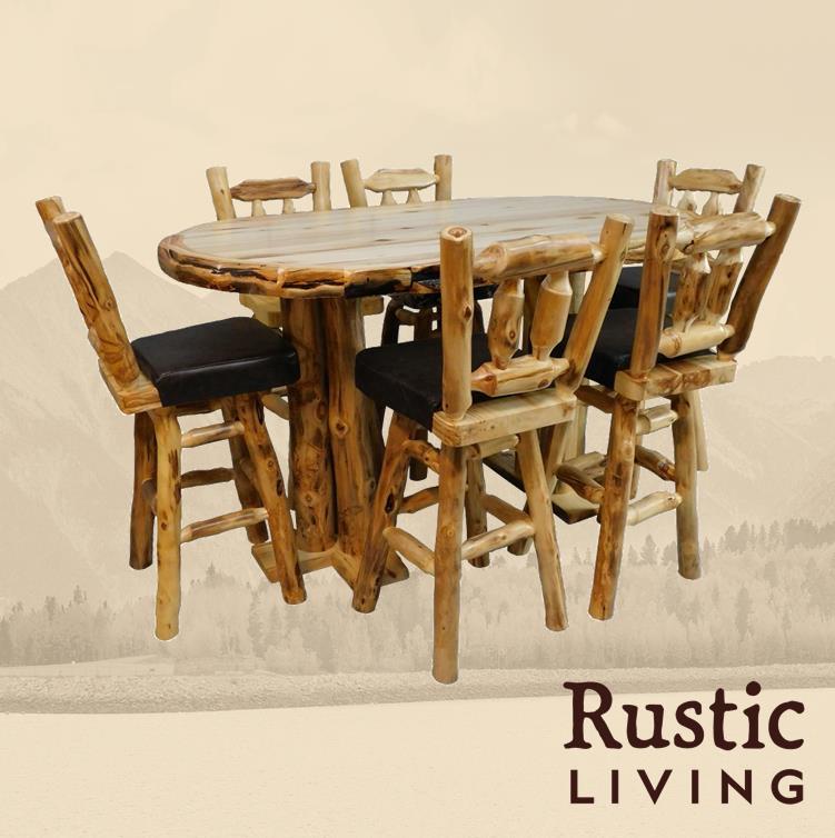 Aspen Rustic Log Furniture log oval bar height table handmade in America using solid wood custom made for your mountain cabin, lodge, farmhouse, ranch and western lifestyle. 