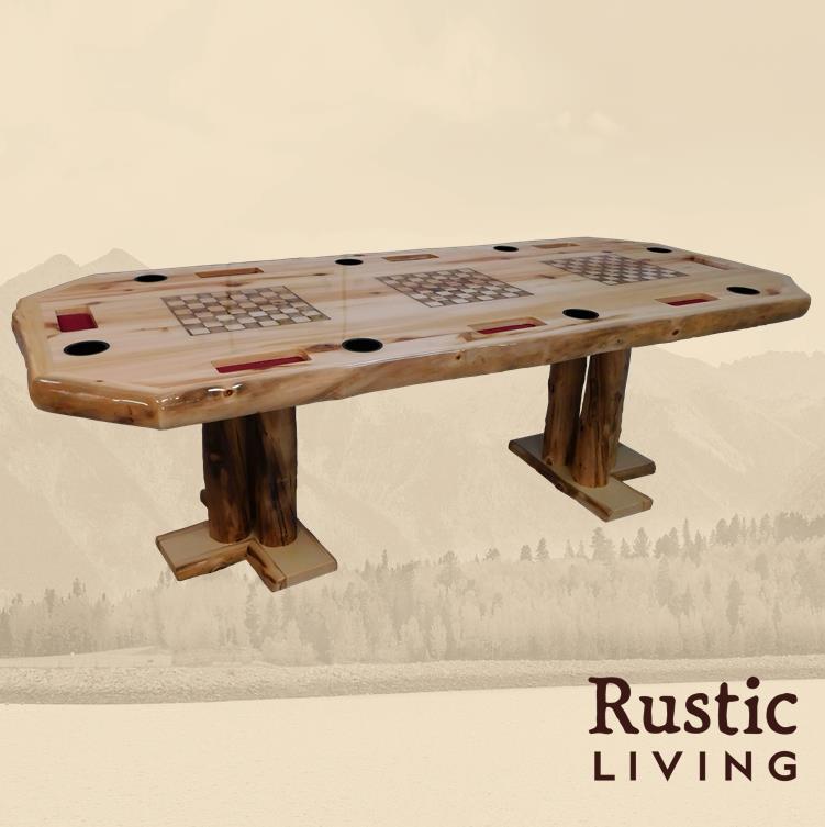 Rectangular solid wood game table with multiple engraved game boards. 