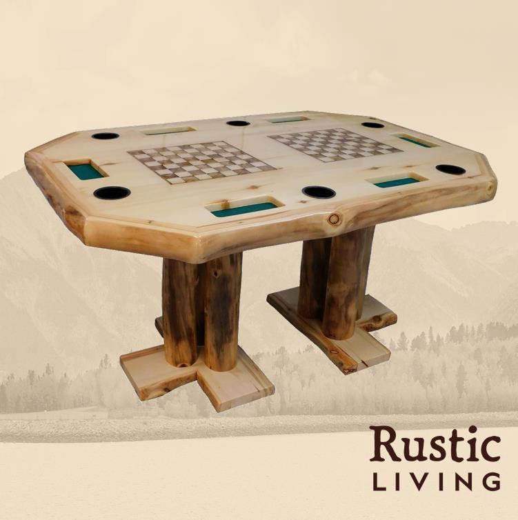 Rectangular wooden counter height game table with a checkered pattern in the center , chip compartments, and cup holders.