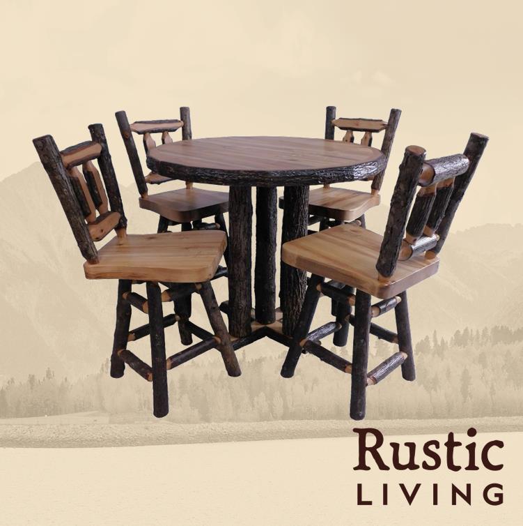 Aspen Rustic Log Furniture log round bar height table handmade in America using solid wood custom made for your mountain cabin, lodge, farmhouse, ranch and western lifestyle. 