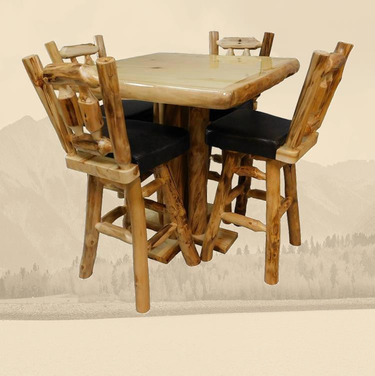 Aspen Rustic Log Furniture log square bar height table handmade in America using solid wood custom made for your mountain cabin, lodge, farmhouse, ranch and western lifestyle. 