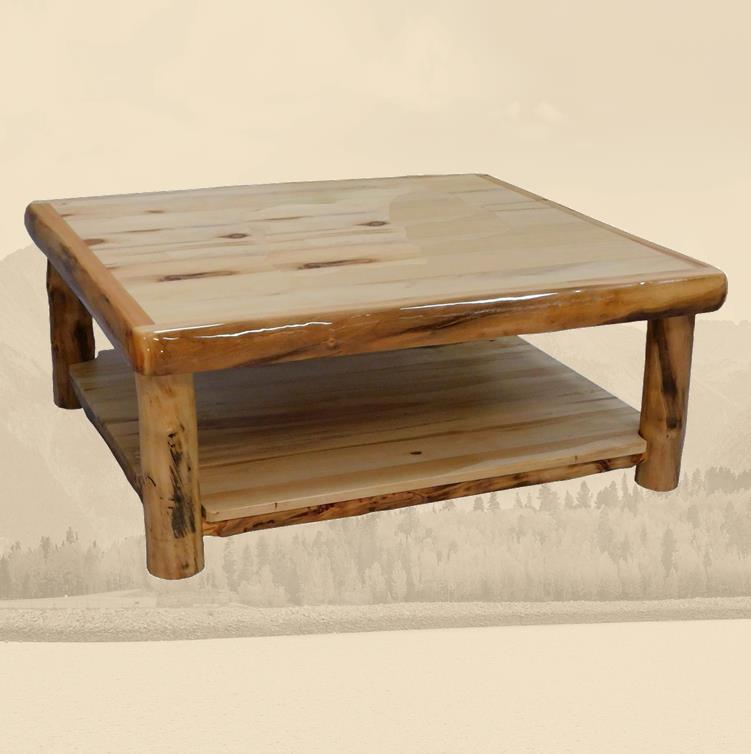 Aspen Rustic Log Furniture log square coffee table handmade in America using solid wood custom made for your mountain cabin, lodge, farmhouse, ranch and western lifestyle. A square rustic wooden coffee table with a natural finish, featuring a lower shelf and visible wood grain.