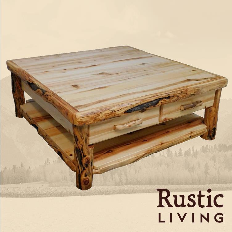 Aspen Rustic Log Furniture log square coffee table with drawer in flat front  handmade in America using solid wood custom made for your mountain cabin, lodge, farmhouse, ranch and western lifestyle. 