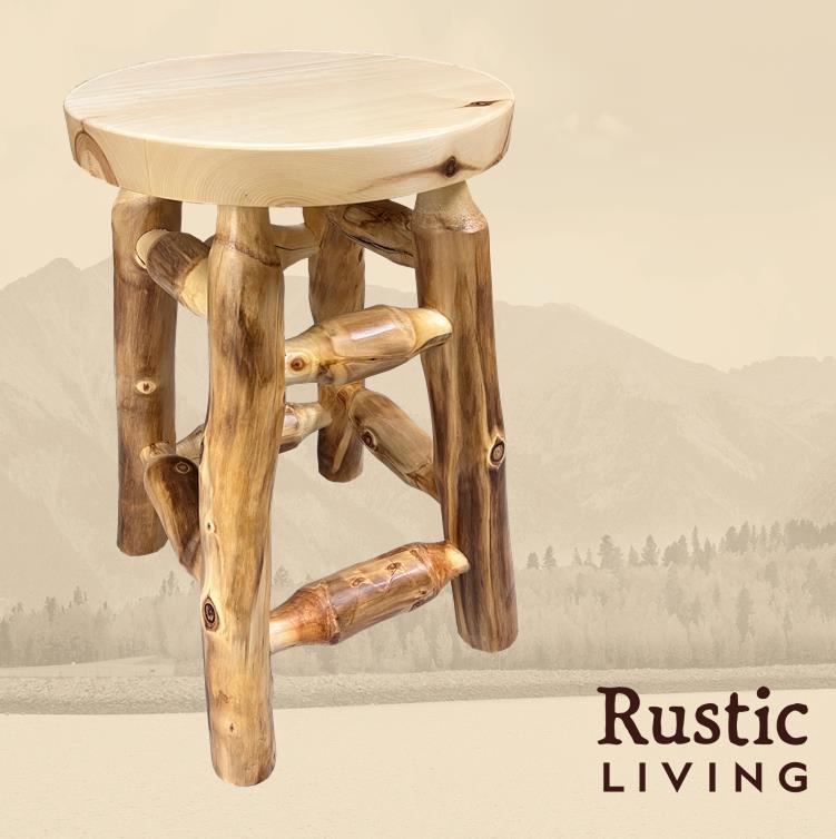Aspen Rustic Log Furniture log swivel counter stool handmade in America using solid wood custom made for your mountain cabin, lodge, farmhouse, ranch and western lifestyle. 