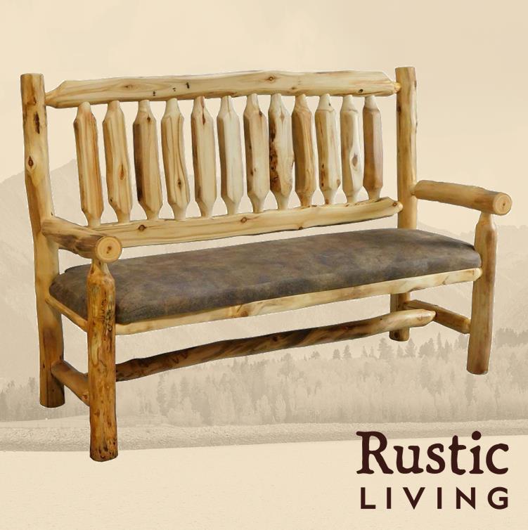 Aspen Rustic Log Furniture log timberland bench handmade in America using solid wood custom made for your mountain cabin, lodge, farmhouse, ranch and western lifestyle. 
