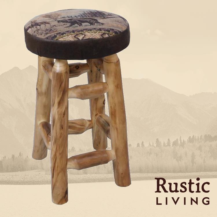 Aspen Rustic Log Furniture log upholstered swivel counter stool handmade in America using solid wood custom made for your mountain cabin, lodge, farmhouse, ranch and western lifestyle. 