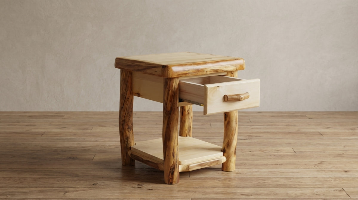 Aspen Rustic Log Chairside End Table w/ Drawer in Flat Front