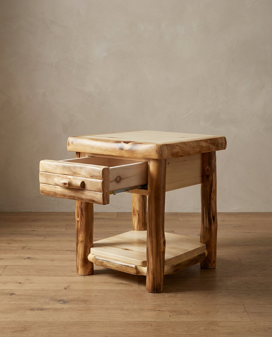 Aspen Rustic Log Chairside End Table w/ Drawer in Log Front