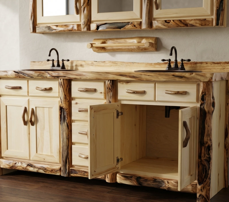 Log couple's 4 drawer vanity showing the doors open. Having doors open show where the plumbing goes and the soft close hinges. 