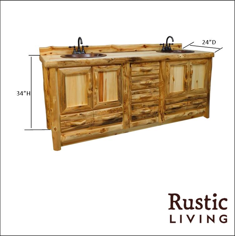 Aspen Rustic Log Couple's 6 Drawer Vanity in Log Front