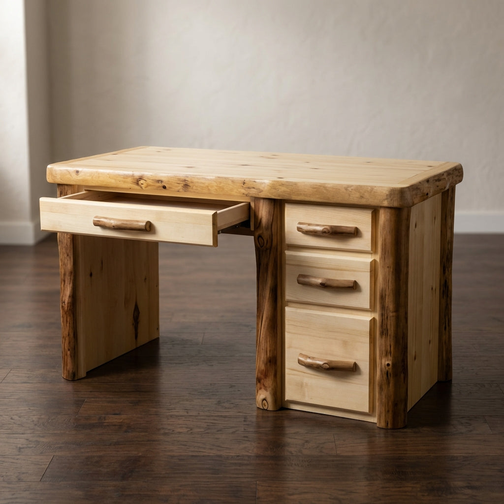 Aspen or Hickory Rustic Log Desk in Flat Front