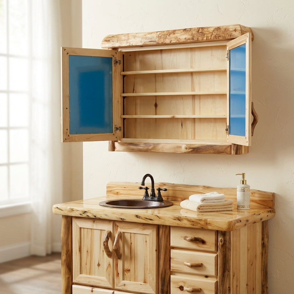 Double door medicine cabinet with doors open showing adjustable shelves. 
