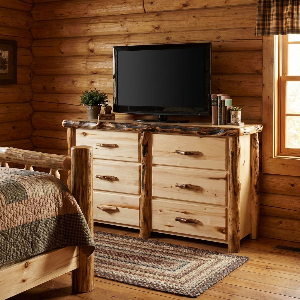 Rustic Log 6 Drawer Dresser in Flat Front