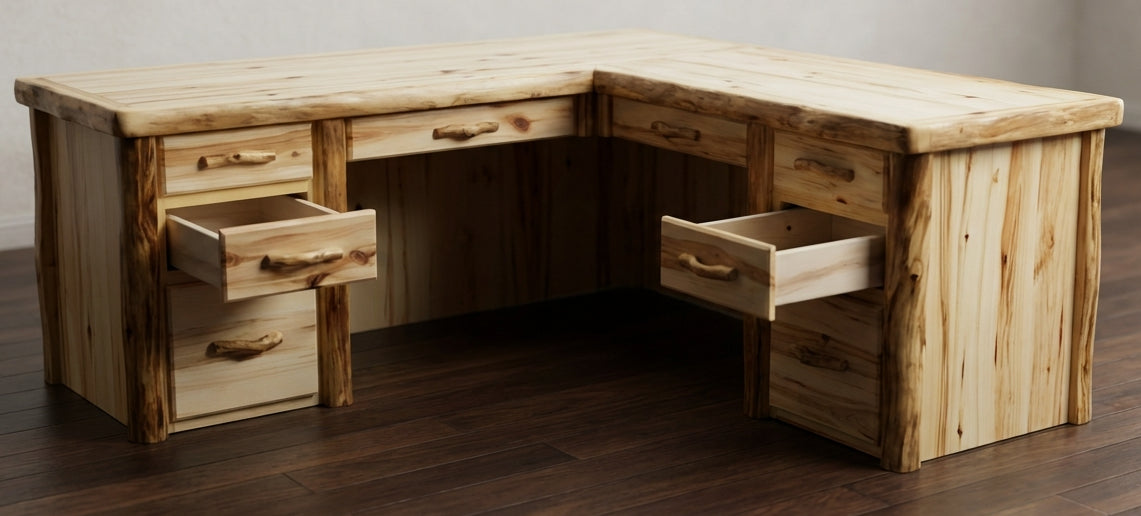 Aspen or Hickory Rustic Log Executive L-Desk in Flat Front