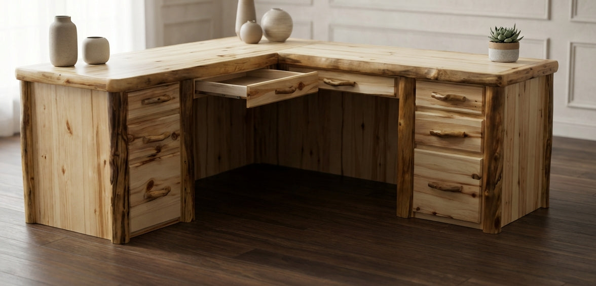 Aspen or Hickory Rustic Log Executive L-Desk in Flat Front