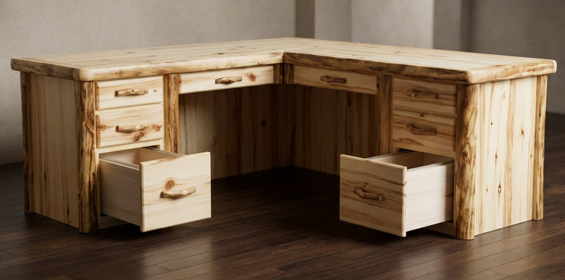 Aspen or Hickory Rustic Log Executive L-Desk in Flat Front