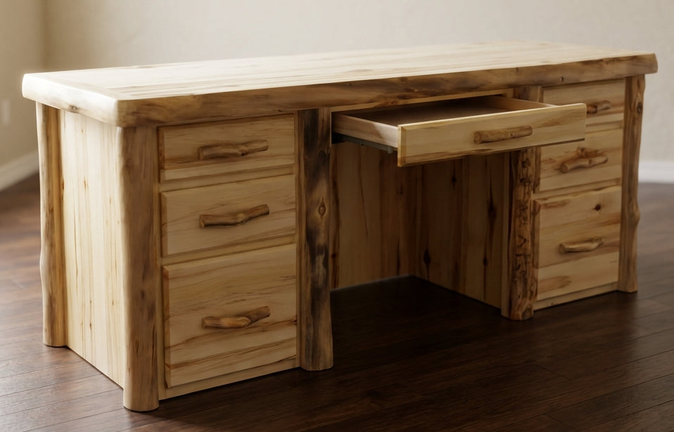 Log executive sierra desk shown with the pencil drawer open. The pencil drawer shows the solid wood, dovetail joints, and under-mount soft close drawer glides. 