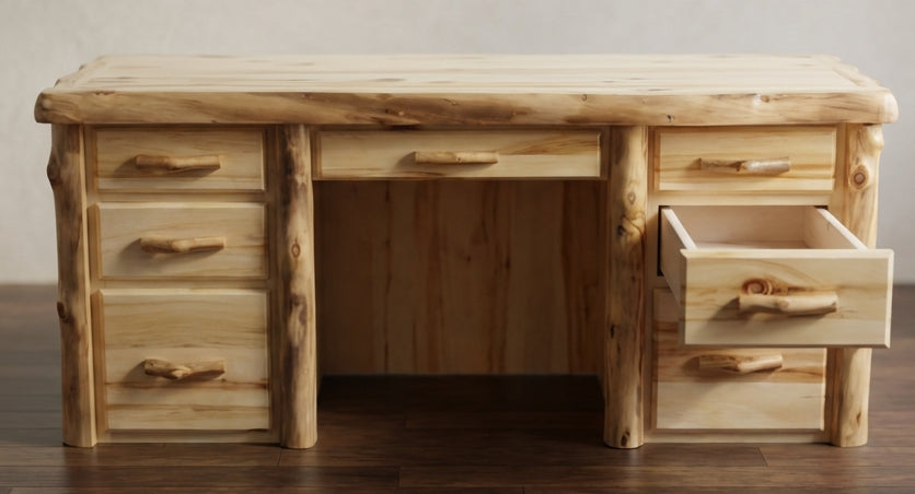 Log executive desk shown with the drawer open. The drawer shows that it's a solid wood drawer. 