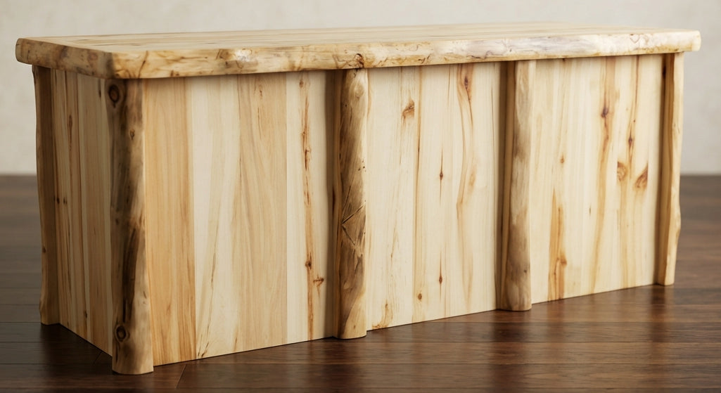 Log executive desk showing the front of the desk that goes out in the room. 