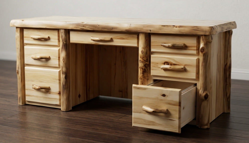 Log executive desk showing the file drawer open. The file drawer is a solid wood drawer. 