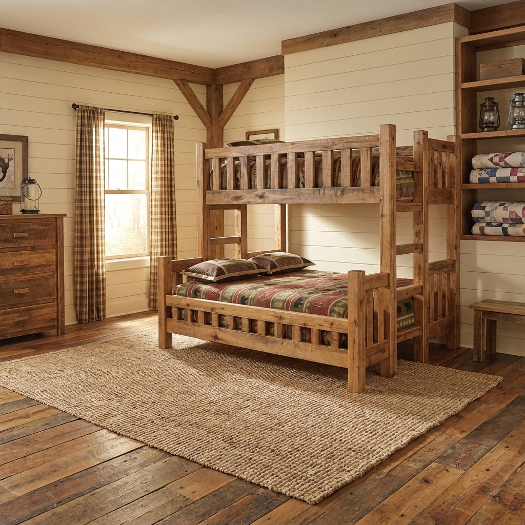 Aspen farmhouse bunk bed in a rustic bedroom with wooden floor and shelves.