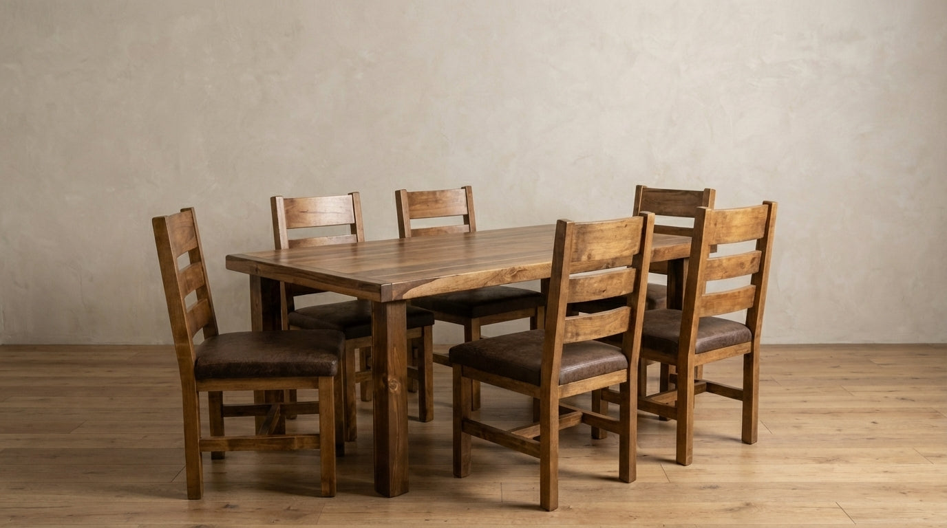 Farmhouse 60" Classic Wood English Chestnut Stain 7 Piece Dining Set