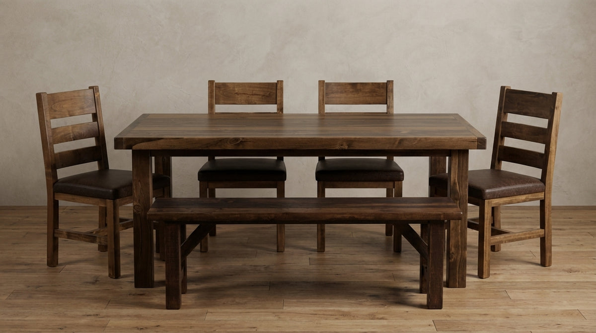 Farmhouse 60" Classic Wood English Chestnut Stain 6 Piece Dining Set