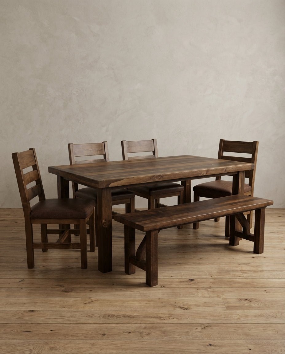 Farmhouse 60" Classic Wood English Chestnut Stain 6 Piece Dining Set