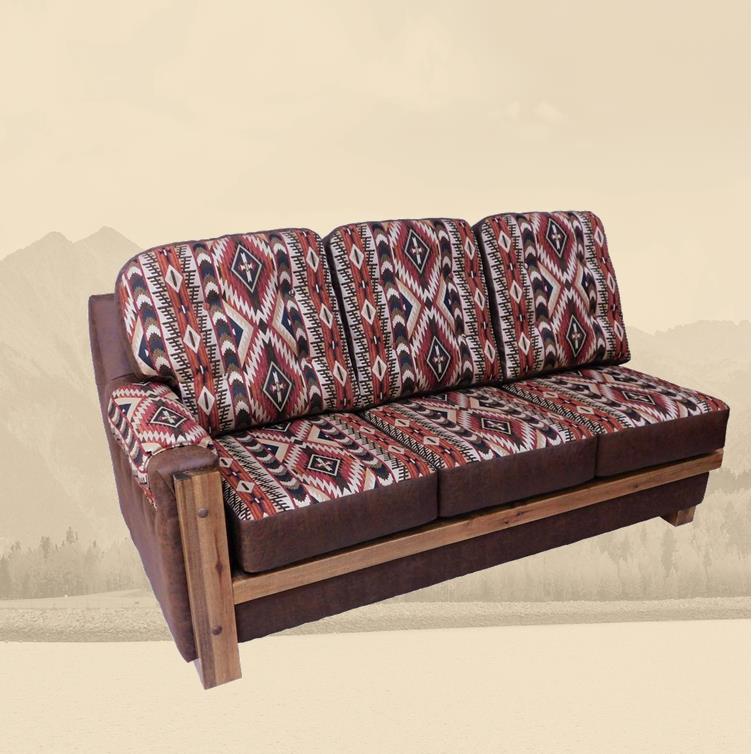 A rustic style sofa with a geometric patterned fabric in red, brown, and white, featuring a wooden frame.