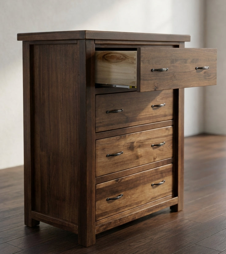 Farmhouse 4 drawer chest shown with the drawer open. The drawer features solid wood, dovetail joints, and under-mount soft close drawer glides. 