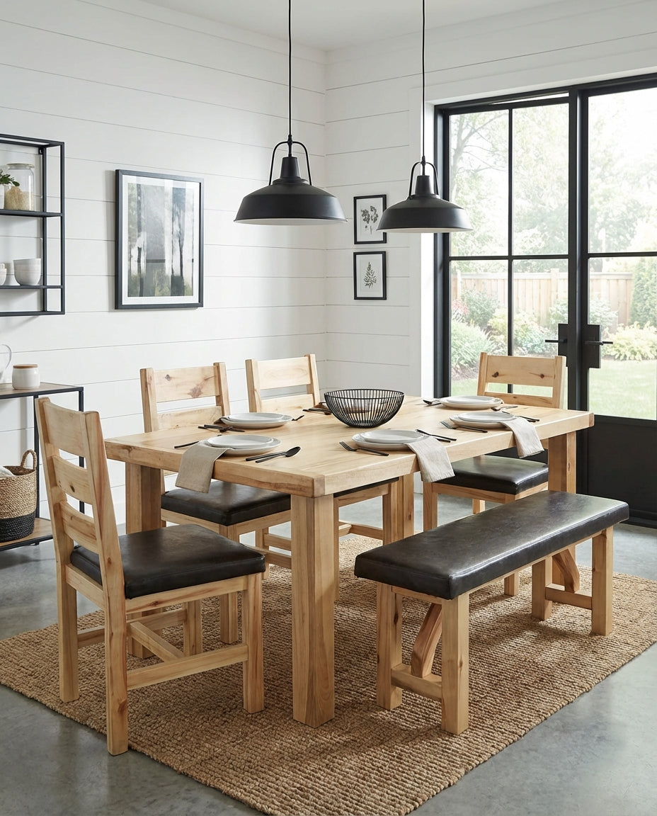 Dining room with aspen farmhouse table and frisco chairs, black pendant lights, and large windows.