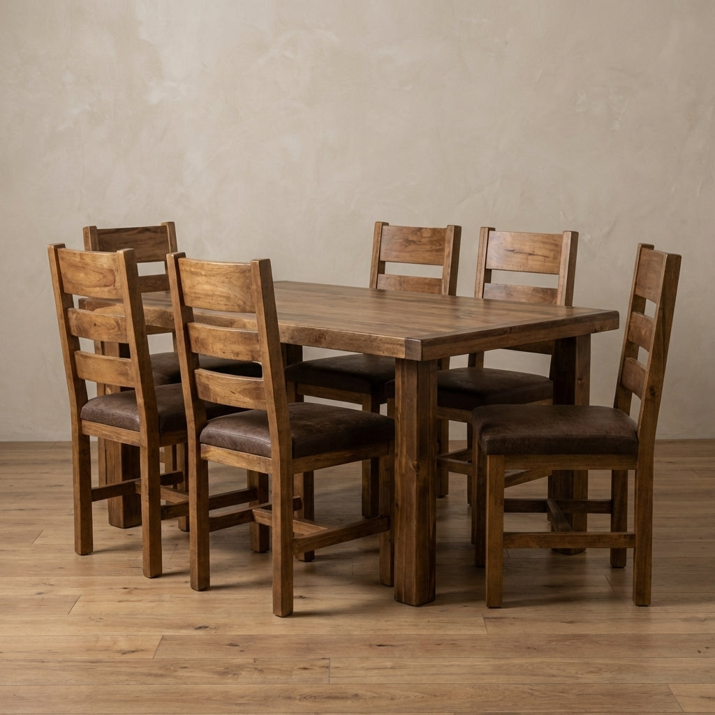 Farmhouse aspen dining table with six matching chairs on a wooden floor.