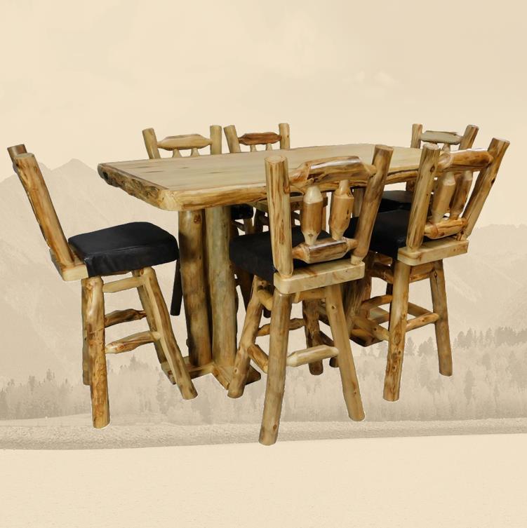 Aspen Rustic Log Furniture log bar height table handmade in America using solid wood custom made for your mountain cabin, lodge, farmhouse, ranch and western lifestyle. 